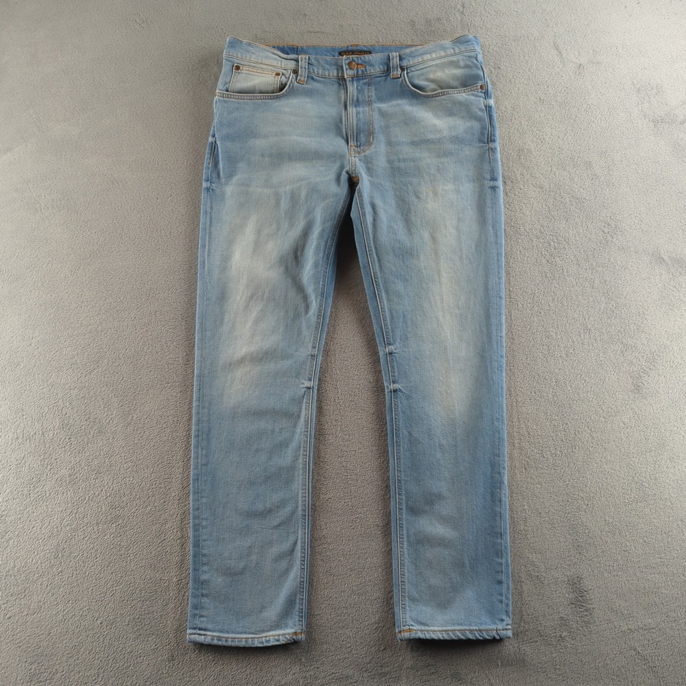 Nudie Jeans Lean Dean Mens 36x32 Blue Light Wash Slim Faded Whiskers Honeycomb